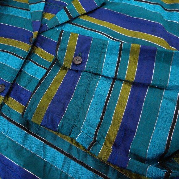 Chico's Design size 1 Womens M Turquoise Blue Raw Silk Striped Jacket Top - Picture 8 of 11